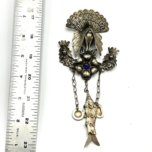 Vintage Peruvian Silver Peacock Tupu Brooch – XL Shawl Pin with Articulated Fish - Picture 2 of 11